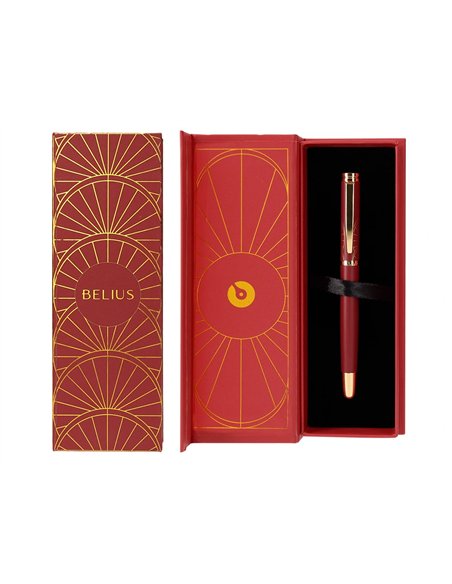 Stylo-plume belius soiree aluminium details et attributs or encre bleue coloris bordeaux dans coffret cadeau.