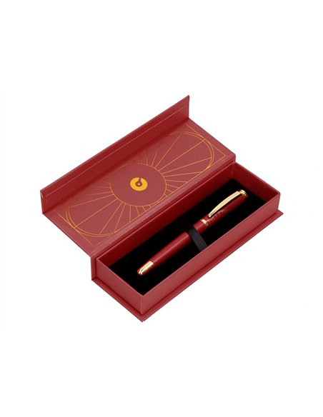 Stylo-plume belius soiree aluminium details et attributs or encre bleue coloris bordeaux dans coffret cadeau.