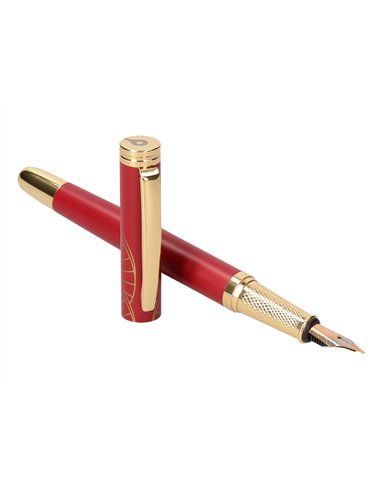 Stylo-plume belius soiree aluminium details et attributs or encre bleue coloris bordeaux dans coffret cadeau.