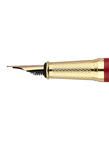 Stylo-plume belius soiree aluminium details et attributs or encre bleue coloris bordeaux dans coffret cadeau.