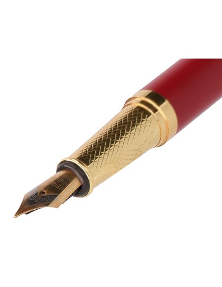 Stylo-plume belius soiree aluminium details et attributs or encre bleue coloris bordeaux dans coffret cadeau.