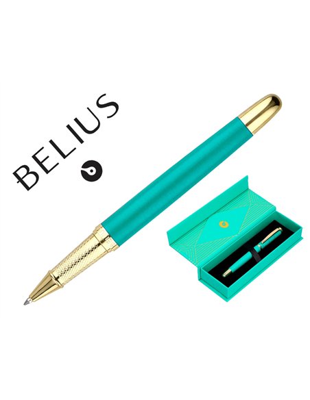 Stylo-bille belius soiree aluminium details et attributs or encre bleue coloris turquoise dans coffret cadeau.