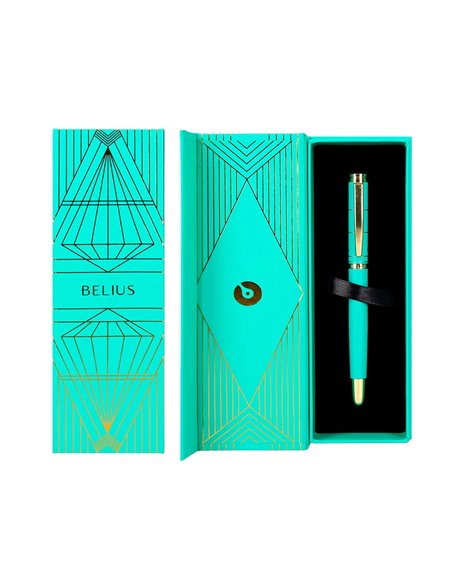 Stylo-bille belius soiree aluminium details et attributs or encre bleue coloris turquoise dans coffret cadeau.