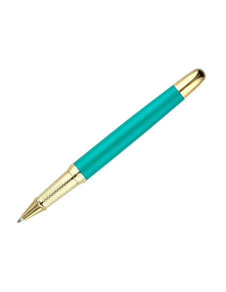 Stylo-bille belius soiree aluminium details et attributs or encre bleue coloris turquoise dans coffret cadeau.