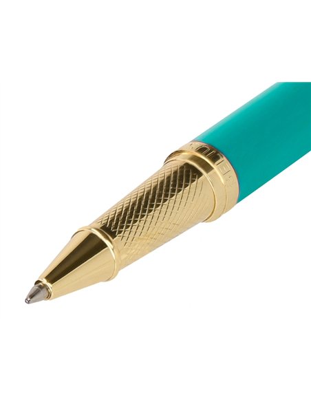 Stylo-bille belius soiree aluminium details et attributs or encre bleue coloris turquoise dans coffret cadeau.