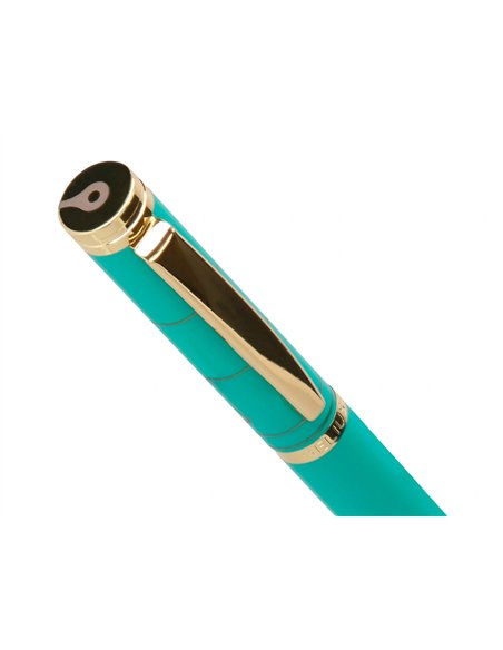Stylo-bille belius soiree aluminium details et attributs or encre bleue coloris turquoise dans coffret cadeau.