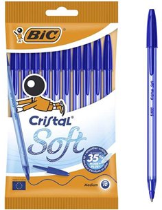 Lot de 10 stylos à bille Bic Cristal Soft - Pointe moyenne 1,2 mm - Course 0,45 mm - Écriture fluide - Bleu