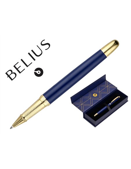 Stylo-bille belius soiree aluminium details et attributs or encre bleue coloris bleu marine dans coffret cadeau.