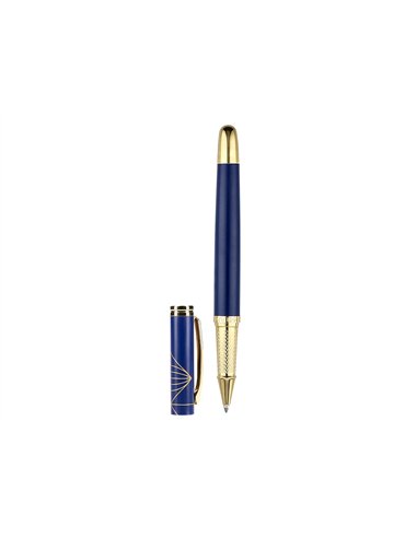 Stylo-bille belius soiree aluminium details et attributs or encre bleue coloris bleu marine dans coffret cadeau.