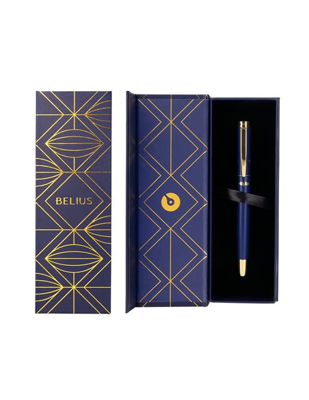 Stylo-bille belius soiree aluminium details et attributs or encre bleue coloris bleu marine dans coffret cadeau.