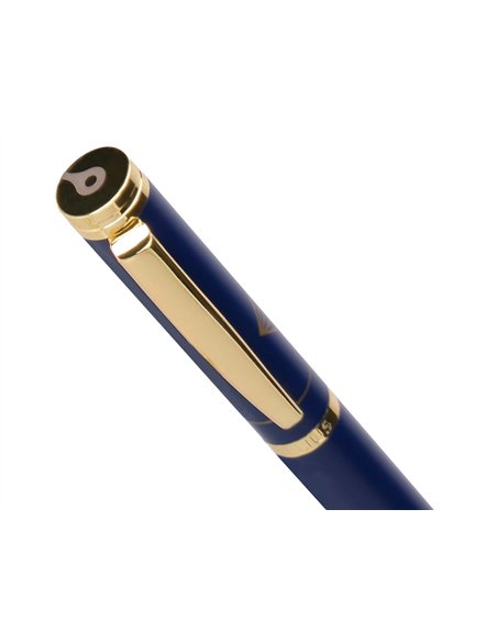 Stylo-bille belius soiree aluminium details et attributs or encre bleue coloris bleu marine dans coffret cadeau.