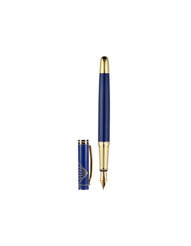 Stylo-plume belius soiree aluminium details et attributs or encre bleue coloris bleu marine dans coffret cadeau.