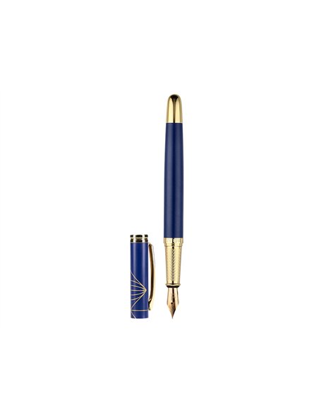 Stylo-plume belius soiree aluminium details et attributs or encre bleue coloris bleu marine dans coffret cadeau.