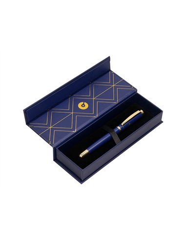 Stylo-plume belius soiree aluminium details et attributs or encre bleue coloris bleu marine dans coffret cadeau.