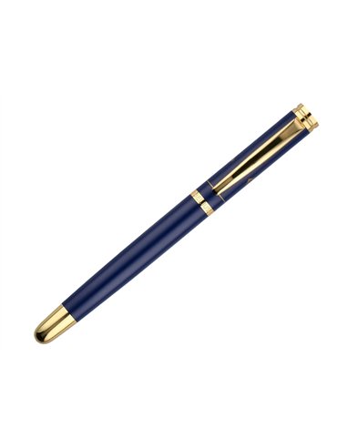Stylo-plume belius soiree aluminium details et attributs or encre bleue coloris bleu marine dans coffret cadeau.