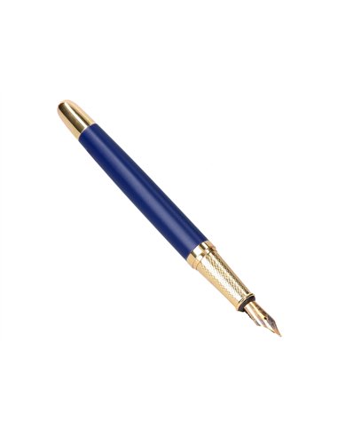 Stylo-plume belius soiree aluminium details et attributs or encre bleue coloris bleu marine dans coffret cadeau.
