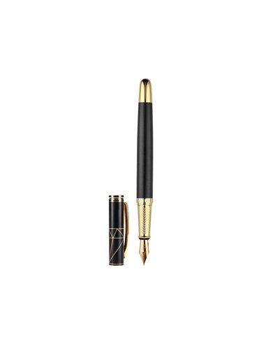 Stylo-plume belius soiree aluminium details et attributs or encre bleue coloris noir dans coffret cadeau.