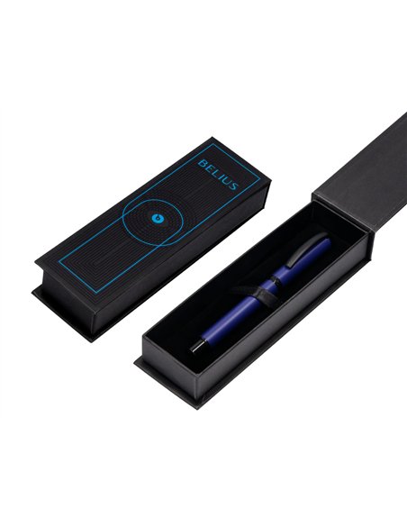 Roller belius turbo aluminium texture pointillee attributs noir encre noire coloris bleu dans coffret cadeau.