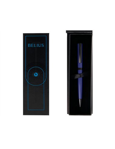 Stylo-bille belius turbo aluminium texture pointillee attributs noir encre bleue coloris bleu dans coffret cadeau.