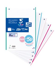 Lot de 5 recharges A4 Oxford School - 200 + 50 feuilles - Couleurs assorties