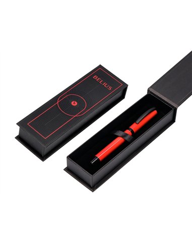 Roller belius turbo aluminium texture pointillee attributs noir encre bleue coloris rouge dans coffret cadeau.