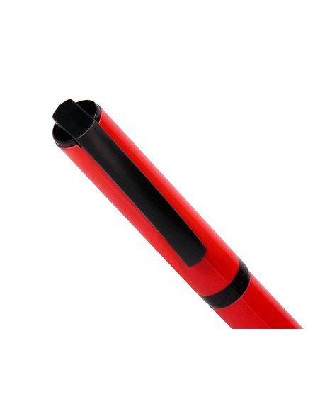 Stylo-bille belius turbo aluminium texture pointillee attributs noir encre bleue coloris rouge dans coffret cadeau.