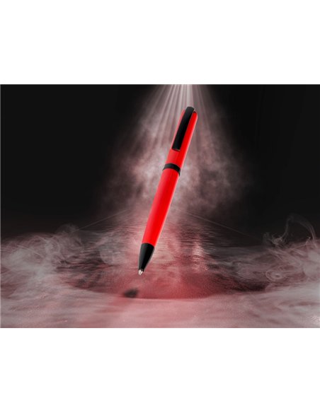 Stylo-bille belius turbo aluminium texture pointillee attributs noir encre bleue coloris rouge dans coffret cadeau.