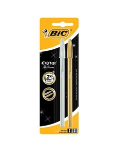 Lot de 2 stylos à bille Bic Cristal Shine - Pointe moyenne 1,0 mm - Encre à l'huile - Corps argenté et doré - Bleu et noir