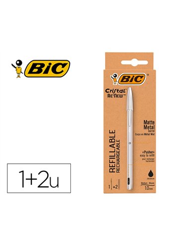 Stylo-bille bic crystal renew corps metal argent capuchon pointe moyenne 1mm rechargeable + 2 recharges noir.
