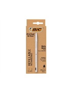 Stylo-bille bic crystal renew corps metal argent capuchon pointe moyenne 1mm rechargeable + 2 recharges noir. 2