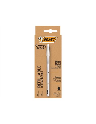 Stylo-bille bic crystal renew corps metal argent capuchon pointe moyenne 1mm rechargeable + 2 recharges noir.
