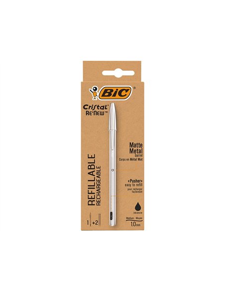 Stylo-bille bic crystal renew corps metal argent capuchon pointe moyenne 1mm rechargeable + 2 recharges noir.