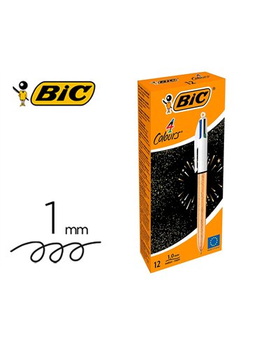 Stylo-bille bic 4 couleurs festif retractable rechargeable pointe moyenne 1mm corps large blanc/dore.