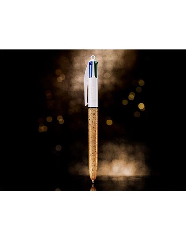 Stylo-bille bic 4 couleurs festif retractable rechargeable pointe moyenne 1mm corps large blanc/dore.