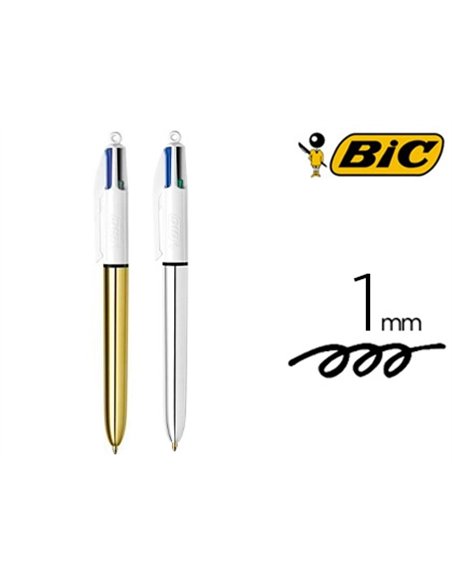 Stylo-bille bic 4 couleurs pointe moyenne 1 mm retractable rechargeable 2 corps dore 1 argent coffret 3.