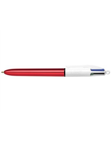 Stylo-bille bic 4 couleurs shine pointe 1mm écriture moyenne corps rouge métallisé brillant.