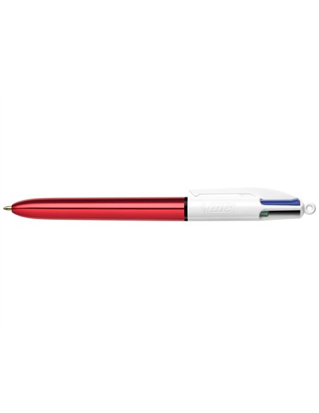 Stylo-bille bic 4 couleurs shine pointe 1mm écriture moyenne corps rouge métallisé brillant.
