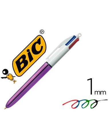 Stylo-bille bic 4 couleurs shine pointe 1mm écriture moyenne corps violet métallisé brillant.