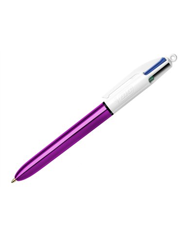 Stylo-bille bic 4 couleurs shine pointe 1mm écriture moyenne corps violet métallisé brillant.