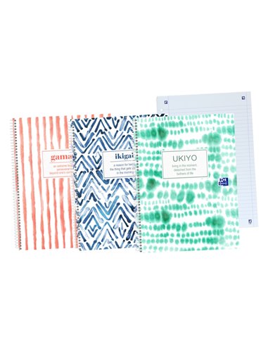 Cahier Oxford Japandi A4+ européen – Couverture extra rigide – 1 ligne et 2 marges pour l'organisation – 80 feuilles de haute qu