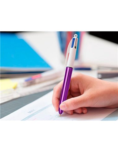 Stylo-bille bic 4 couleurs shine pointe 1mm écriture moyenne corps violet métallisé brillant.
