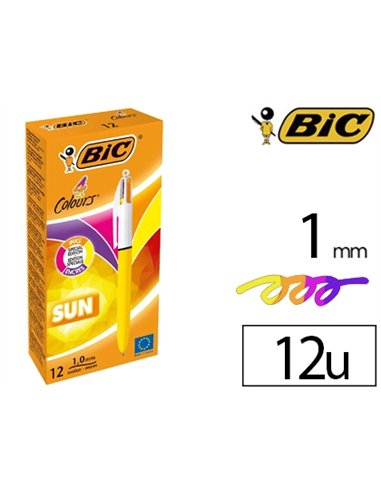 Stylo-bille bic 4 colours sun pointe moyenne 1mm couleurs fun violet/rose/jaune fluo/orange.
