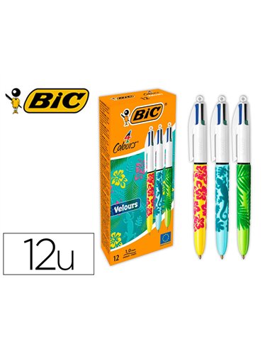 Stylo-bille bic 4 couleurs classiques pointe moyenne 1mm retractable rechargeable corps touche velours motifs.