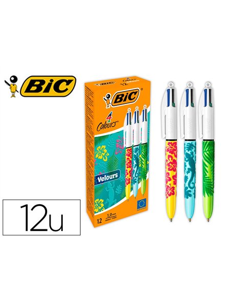 Stylo-bille bic 4 couleurs classiques pointe moyenne 1mm retractable rechargeable corps touche velours motifs.
