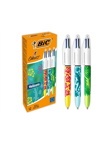 Stylo-bille bic 4 couleurs classiques pointe moyenne 1mm retractable rechargeable corps touche velours motifs.