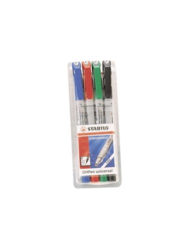 Stylo-feutre stabilo ohp pen soluble pointe fine 0.7mm couleurs assorties pochette 4 unités.