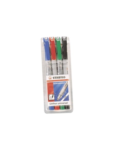 Stylo-feutre stabilo ohp pen soluble pointe fine 0.7mm couleurs assorties pochette 4 unités.