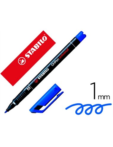 Stylo-feutre stabilo ohp pen permanent pointe moyenne 1mm encre indélébile multi-supports agrafe coloris bleu.