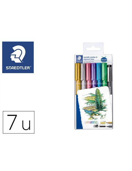 Marqueurs staedtler metallic markers coloris assortis etui de 6 + 1 feutre pigment liner c2-9 offert.