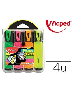 Surligneur maped fluo'peps fluorescent classique pochette 4 unités vert jaune rose orange.